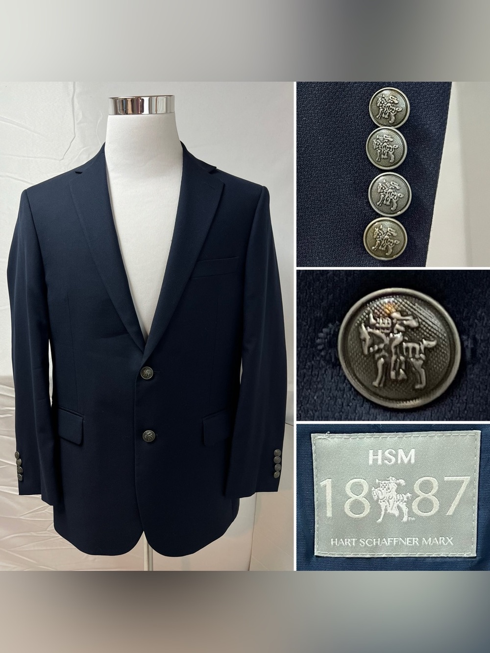 Hart Schaffner Marx Men’s 42S Navy Wool Stretch Silver Button Blazer Jacket Coat